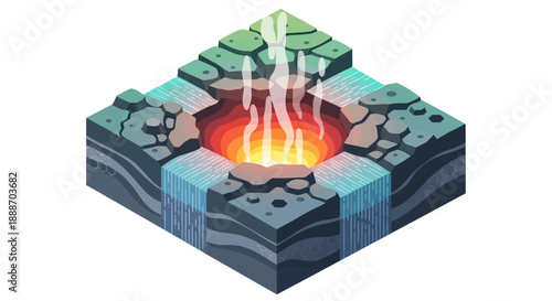 Isometric Cross-Section Illustrating Earth's Layers with Magma and Geothermal Activity.