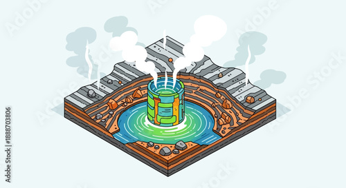 Isometric view of a geothermal power plant or hot spring emitting steam, in a bright studio background.