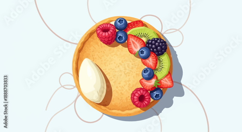 Delicious pancake topped with fresh raspberries, blueberries, strawberries, kiwi, and cream, top view on a light background.