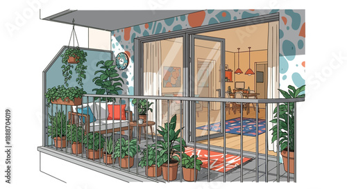Cozy Balcony Garden with Lush Green Plants and Open Glass Doors to a Bright Apartment Interior, Urban Living Space