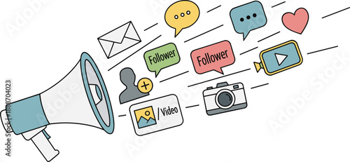 Social media marketing concept, megaphone with icons, digital engagement, online promotion, follower growth, content sharing, influencer strategy, video and email outreach