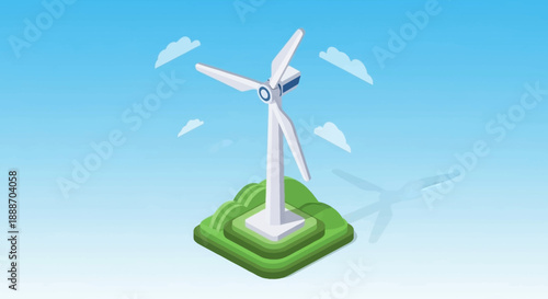 Isometric Wind Turbine on a Green Landscape Generating Clean Renewable Energy Under a Blue Sky