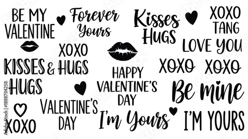 A collage of valentine s day themed words and phrases with hearts and lips imagery