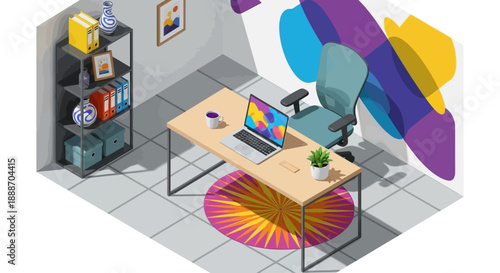 Isometric Modern Home Office Workspace with Laptop, Desk, Chair, and Shelves, designed for efficient remote work and creative tasks in a vibrant and functional room, conveying a productive mood.