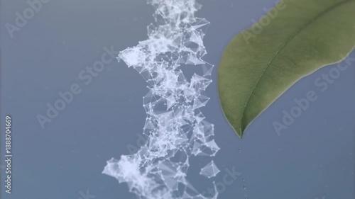 Animation of dna strand over leaf on grey background