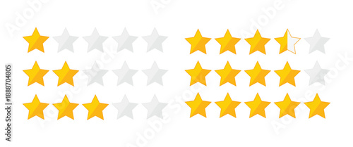 Five Star Rating System Icon Set - Yellow Customer Review Feedback Symbols for E-commerce and Mobile App UI Design