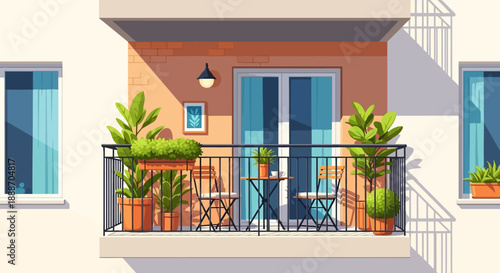 Cozy apartment balcony with green potted plants and outdoor furniture on a sunny day, urban living