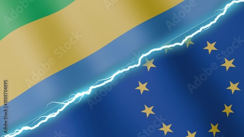 Two waving flags Gabon and European Union with diagonal lightning seamless, 4k loop