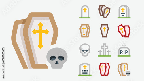 Funeral and mourning ceremony icons set