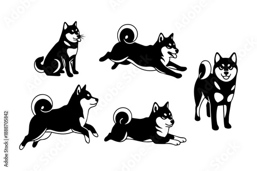 Shiba inu dog poses vector illustration: a collection of various actions from sitting to running