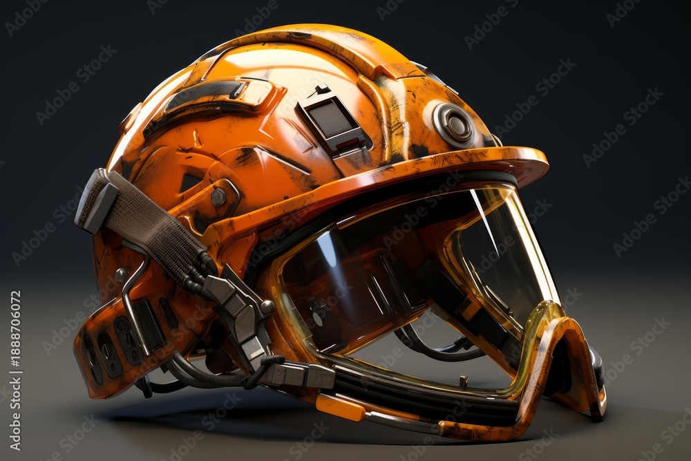 Fototapeta premium Orange futuristic helmet with visor and advanced technology features, suggesting protection and innovation in a dark setting