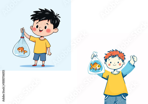 Vsai boy holding goldfish bag feeling happy with new pet