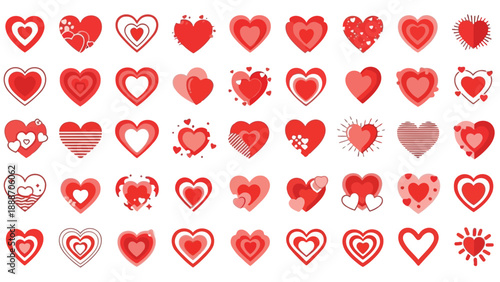A collection of various red heart shapes arranged closely together on a plain white background