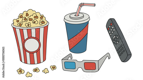Hand Drawn Doodle Movie Night Elements – Cinema Icons Flat Color Vector