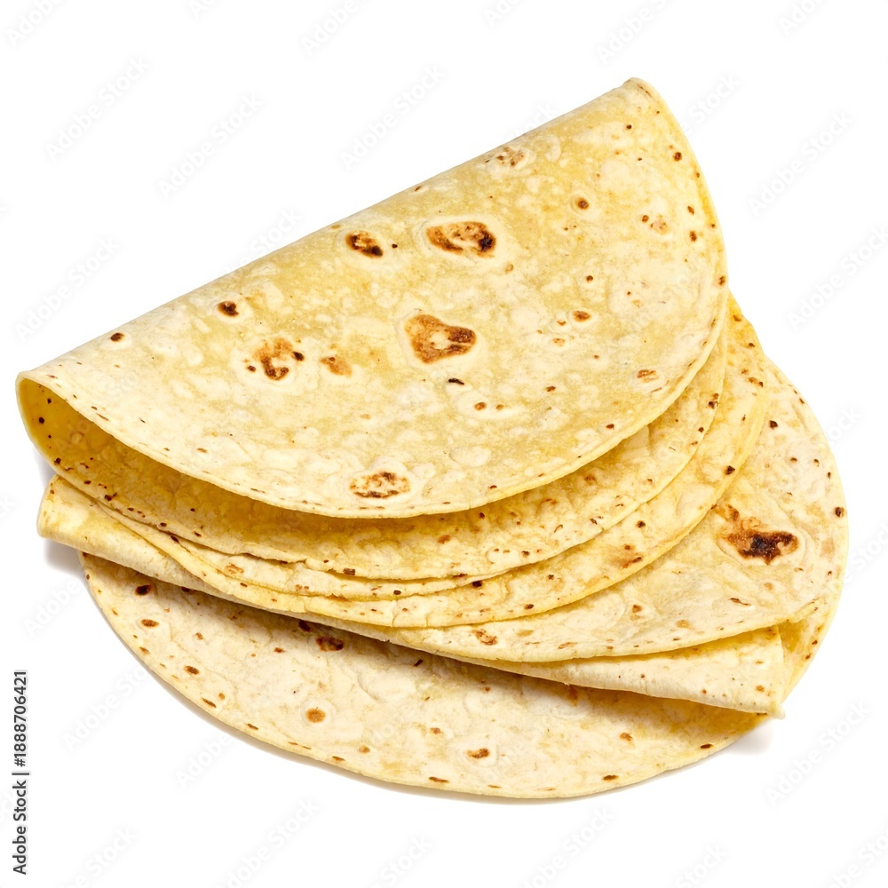 Fototapeta premium Stack of folded, round, golden tortillas, featuring visible texture and subtle variations in color on a white background