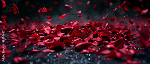  Dynamic capture of red rose petals dancing and falling in air red storm against black background for luxury event and holiday celebration