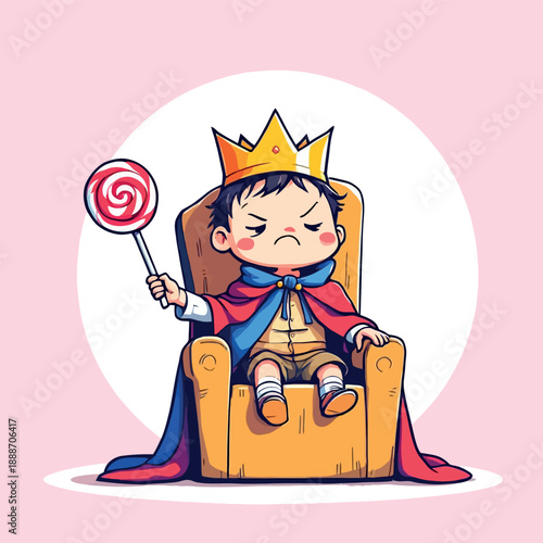 Vsai grumpy little boy king holding a lollipop