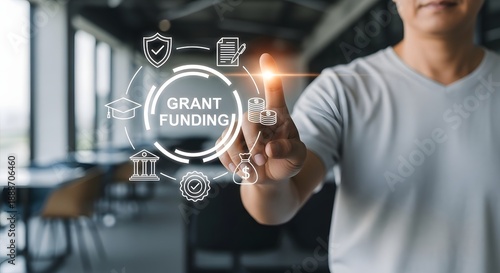 A person interacting with a virtual interface showcasing grant funding concepts