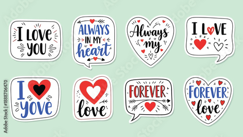 Collection of colorful stickers featuring loving messages hearts and romantic expressions for valentine s day
