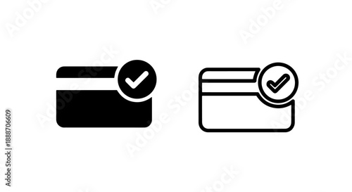 Credit card icon with a checkmark, solid black and outline, symbolizing payment approval or verification