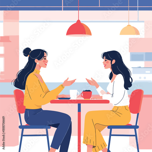 Vsai women friends having coffee and talking on break