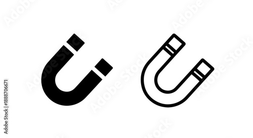 Horseshoe magnet icons, solid black and outline, representing magnetism, attraction, and science