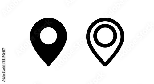 Location pin icons, solid black and outline, representing navigation and places