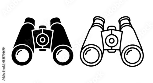 Pair of binoculars icons, black silhouette and outlined, for viewing and travel