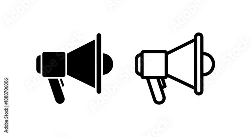Black and white megaphone icons, symbolizing announcement, promotion, or public speaking.