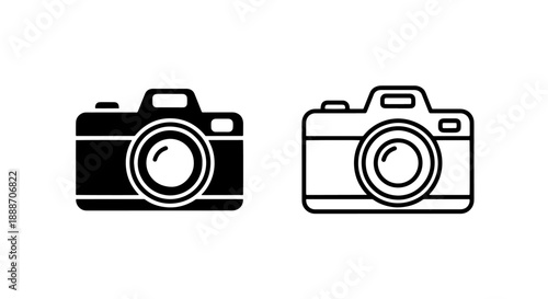 Two camera icons, a filled silhouette and a line art representation, for visual content.