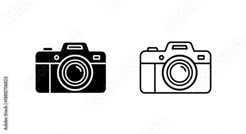 Outline and solid versions of a camera icon, ideal for photography and media related graphics.