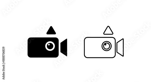 Simple icons of a video camera, in both solid black and outline styles, for filming and recording.