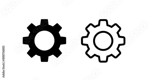 Set of two cogwheel icons, one filled and one line art, symbolizing industrial processes or settings.