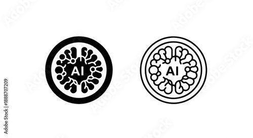 AI brain icons within a circle, in solid and outline, representing artificial intelligence and neural networks