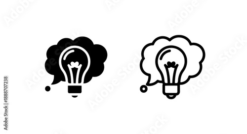 Idea Light Bulb Thought Bubble Icon Set: Black and White Symbols for Innovation and Creativity