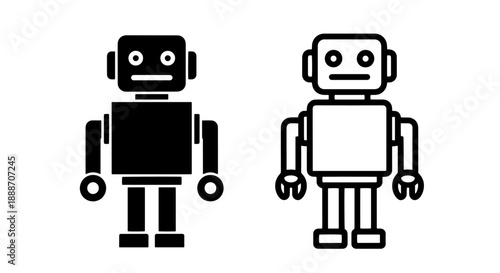 Simple robot icons in solid and line art, illustrating concepts of AI, automation, and robotics