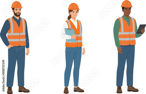 Three construction workers or engineers in safety vests and hard hats standing together