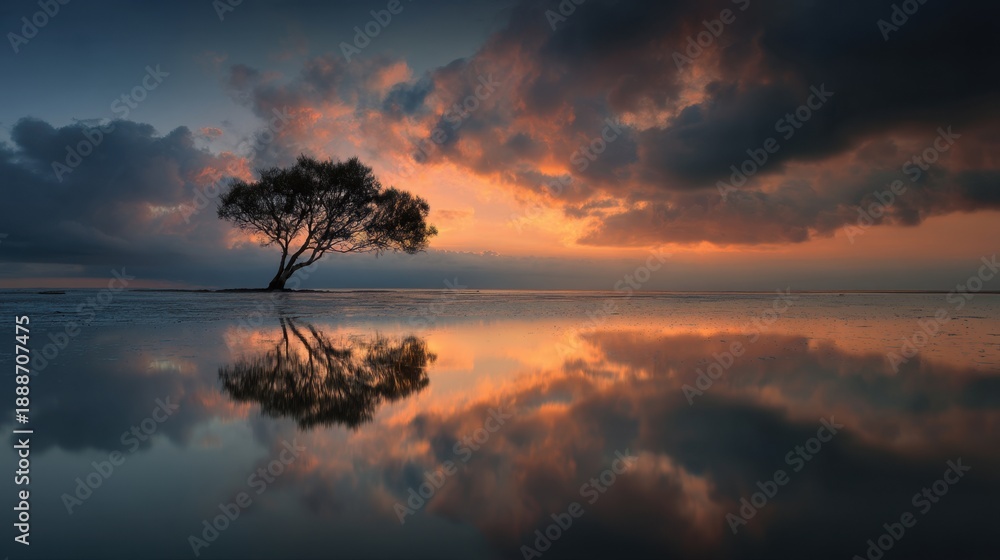 Obraz premium Tree is reflected in the water of a lake. The sky is cloudy and the sun is setting
