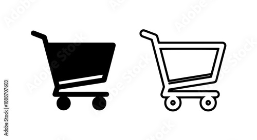 Set of shopping cart icons in black and white, representing retail, online purchasing, and e-commerce business.