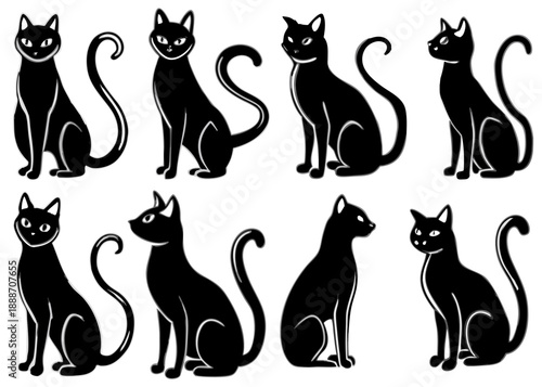 Eight black cat silhouettes in various poses Vector