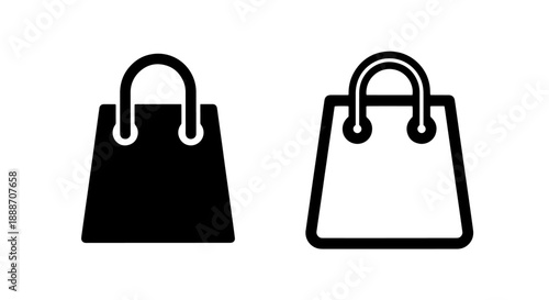 Set of shopping bag icons, one filled and one outlined in black and white, symbolizing retail and consumer activity.