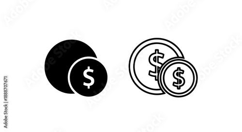Black and white icons showing coins with dollar signs, symbolizing money, finance, savings, and economic concepts.