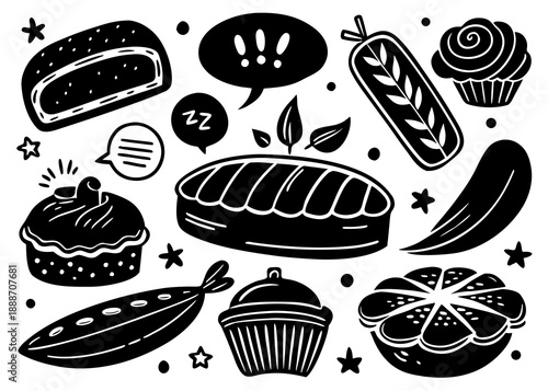 Whimsical black and white bakery illustrations Vector