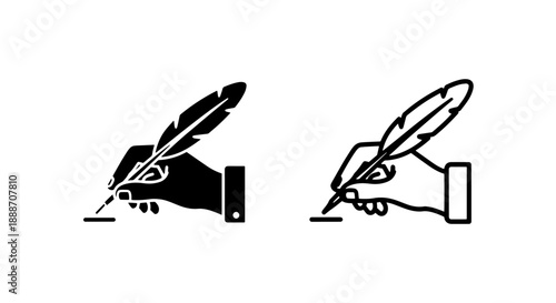 Hand holding a quill pen writing on paper, iconic representation of writing and creativity in solid and outline