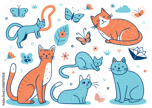 Playful cats in whimsical surroundings Vector