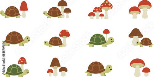 Cute Turtle and Mushroom Cartoon Illustration Set Featuring Friendly Forest Animals and Fungi for Kids Education, Nature Stickers, and Playful Vector Design
