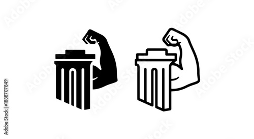 Trash can icon with a flexed arm, symbolizing waste management strength or powerful cleanup efforts
