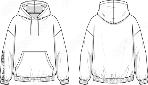Blank hoodie technical fashion illustration showing front and back views, hooded sweatshirt with drawstring and kangaroo pocket, flat vector design