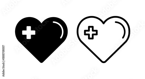 Heart icon with a plus sign, representing love, life, or health, in solid and outline graphic styles