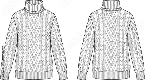 Cable knit turtleneck sweater technical fashion illustration showing front and back views, long sleeve winter pullover with ribbed cuffs hem